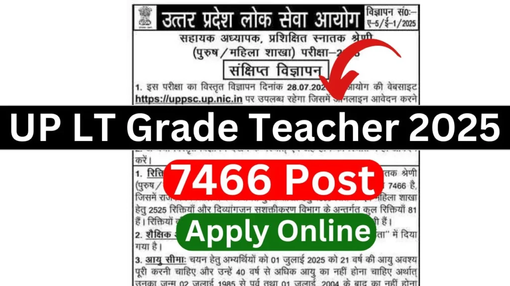 UP LT Grade Teacher Notification 2025 Out (7466 Vacancy), Last Date Apply Online : 28 August 2025